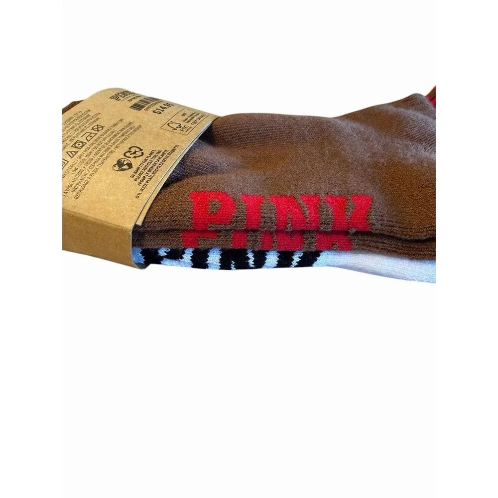 NWT Victoria’s Secret PINK Brown & White Striped Boyfriend Quarter Crew Socks OS